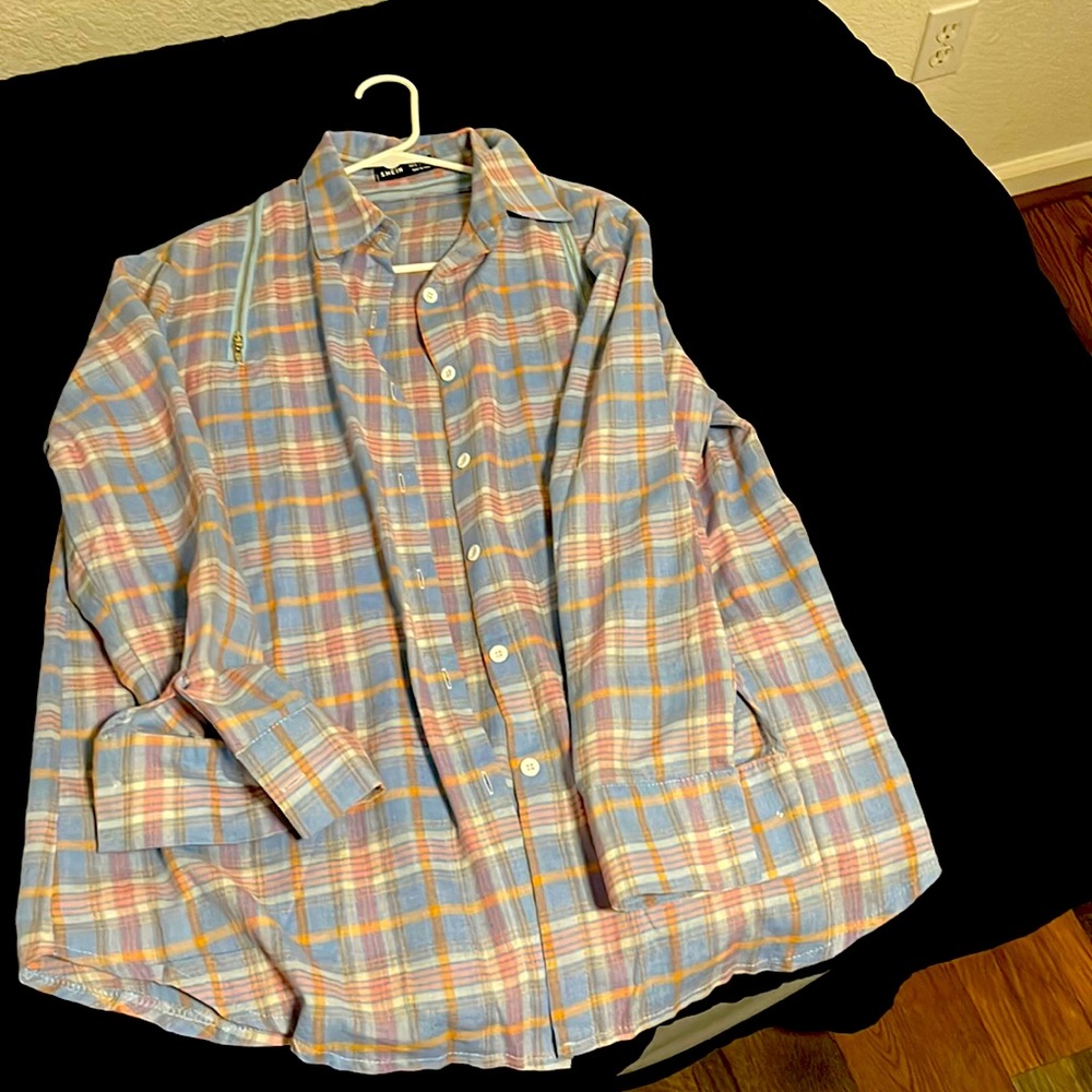 Button front zip side tartan top